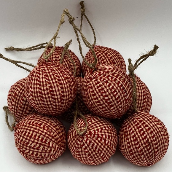 10 Primitive BARN RED Fabric RAG BALLS Christmas Ornaments farmhouse decor - Picture 7 of 8